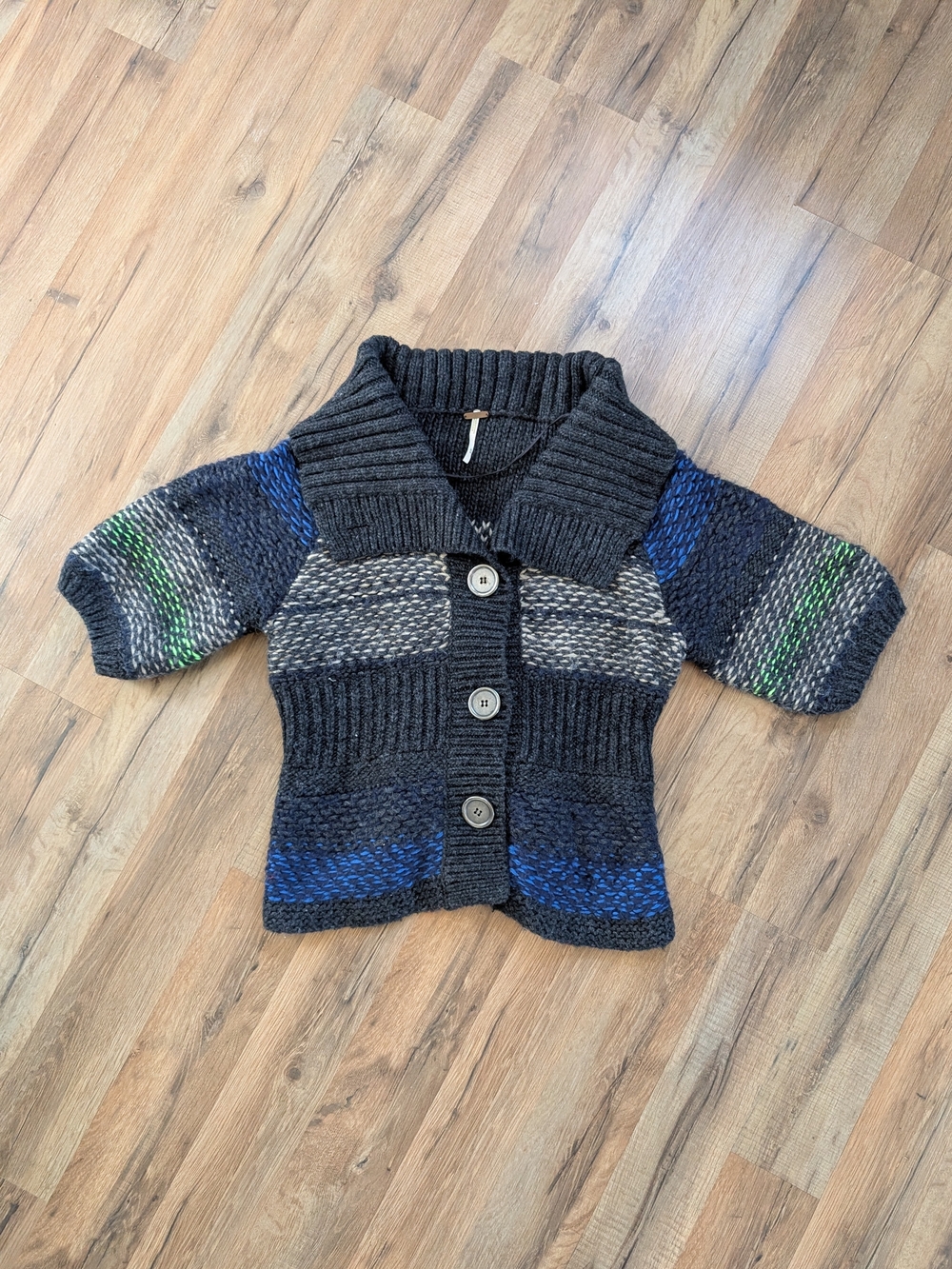Free People Chunky Knit Cardigan in Dark Gray with Blue & Green Accents